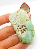Large Victorian 9ct Gold & Carved Apple-Green Jade Naturalistic Pendant c1850