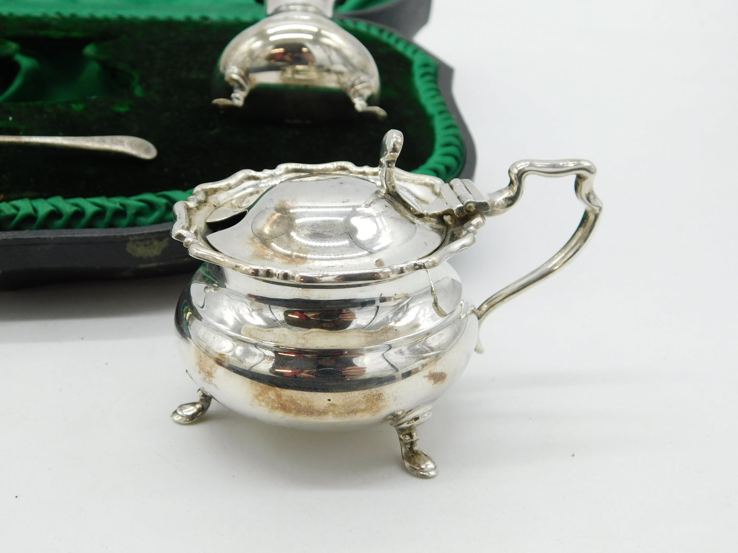 Boxed Sterling Silver Cruet Mustard & Pepper Set Antique 1917 Sheffield