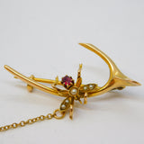 Edwardian 15ct Yellow Gold, Ruby & Seed Pearl Insect Wishbone Brooch Antique c1910