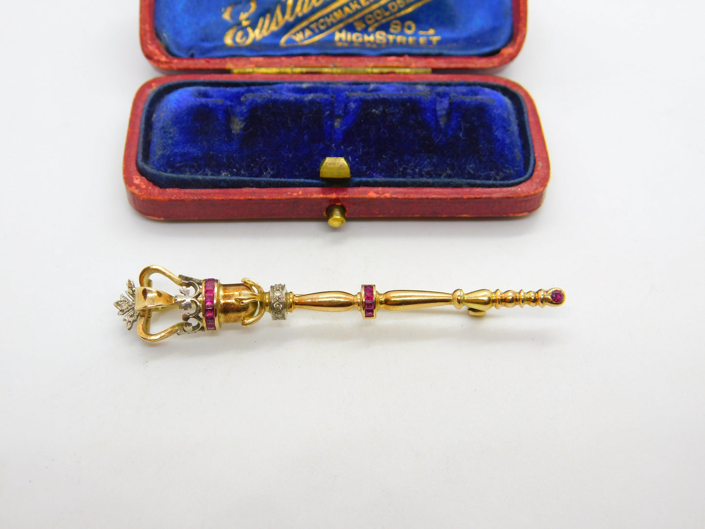 Victorian 18ct Gold, Natural Ruby & Diamond Royal Sceptre Brooch c1900 Antique