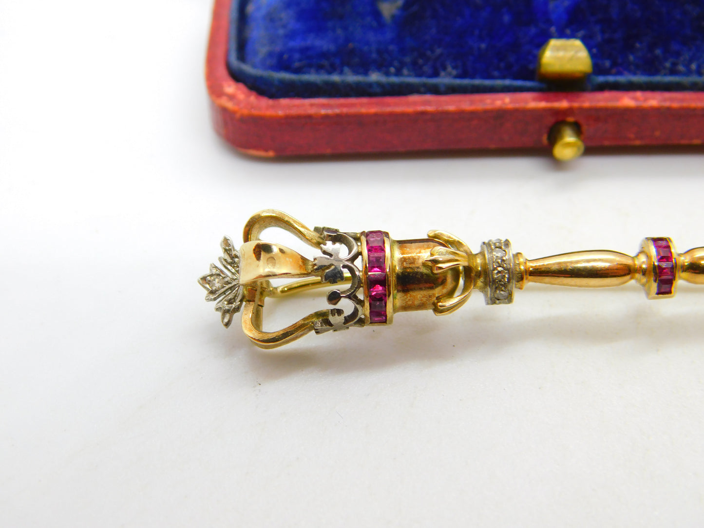 Victorian 18ct Gold, Natural Ruby & Diamond Royal Sceptre Brooch c1900 Antique