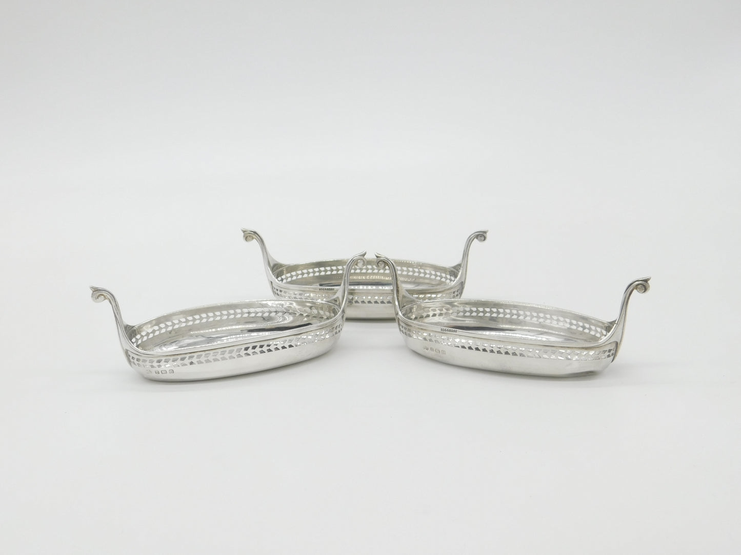 Set of Three Sterling Silver Viking Longboat Treat Dishes Antique 1928 Elkington & Co.