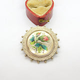 Enamel Pink Roses on English Sterling Silver Brooch Pin Antique Victorian 1886