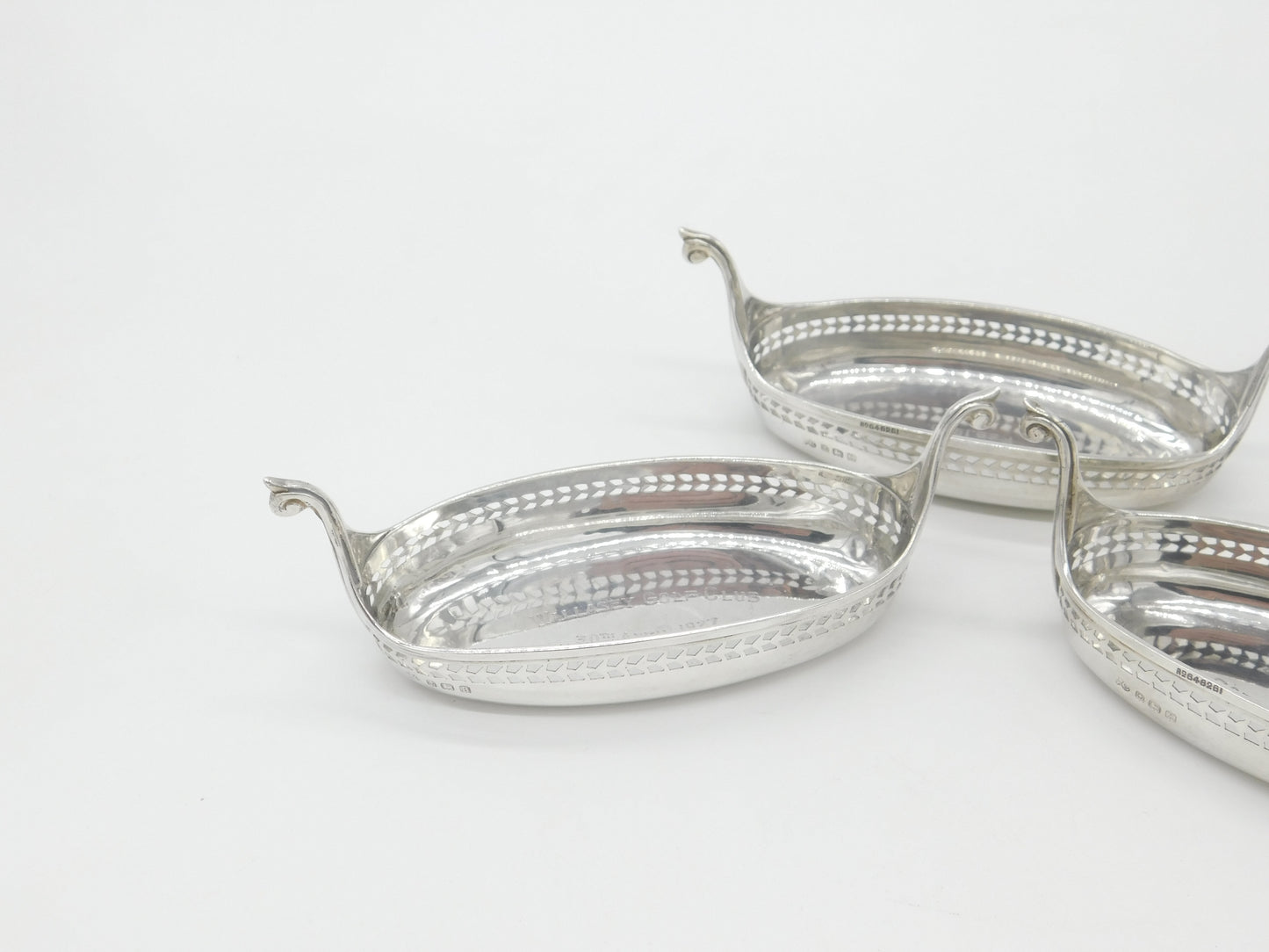 Set of Three Sterling Silver Viking Longboat Treat Dishes Antique 1928 Elkington & Co.