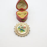 Enamel Pink Roses on English Sterling Silver Brooch Pin Antique Victorian 1886