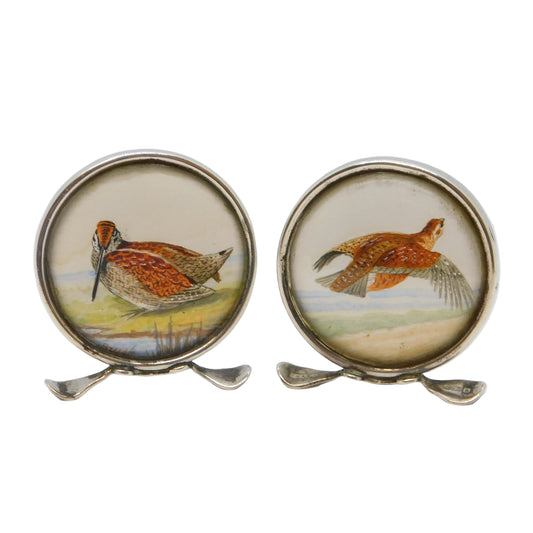 Edwardian Pair of Sterling Silver Grouse & Snipe Watercolour Place Settings Antique 1909 Chester
