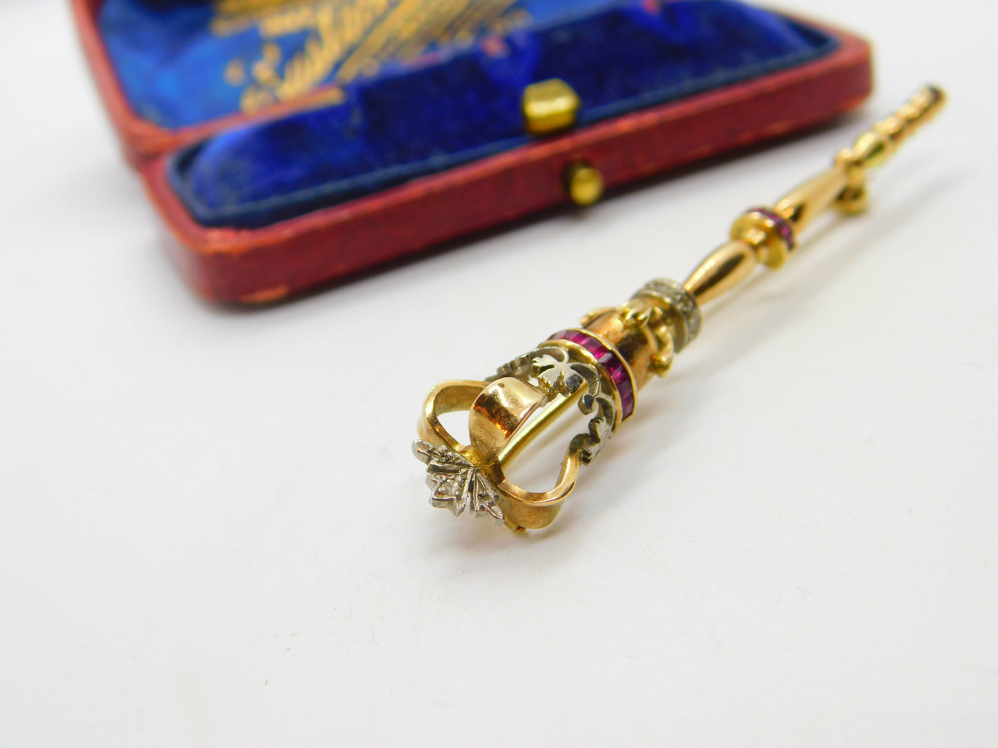 Victorian 18ct Gold, Natural Ruby & Diamond Royal Sceptre Brooch c1900 Antique