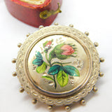 Enamel Pink Roses on English Sterling Silver Brooch Pin Antique Victorian 1886