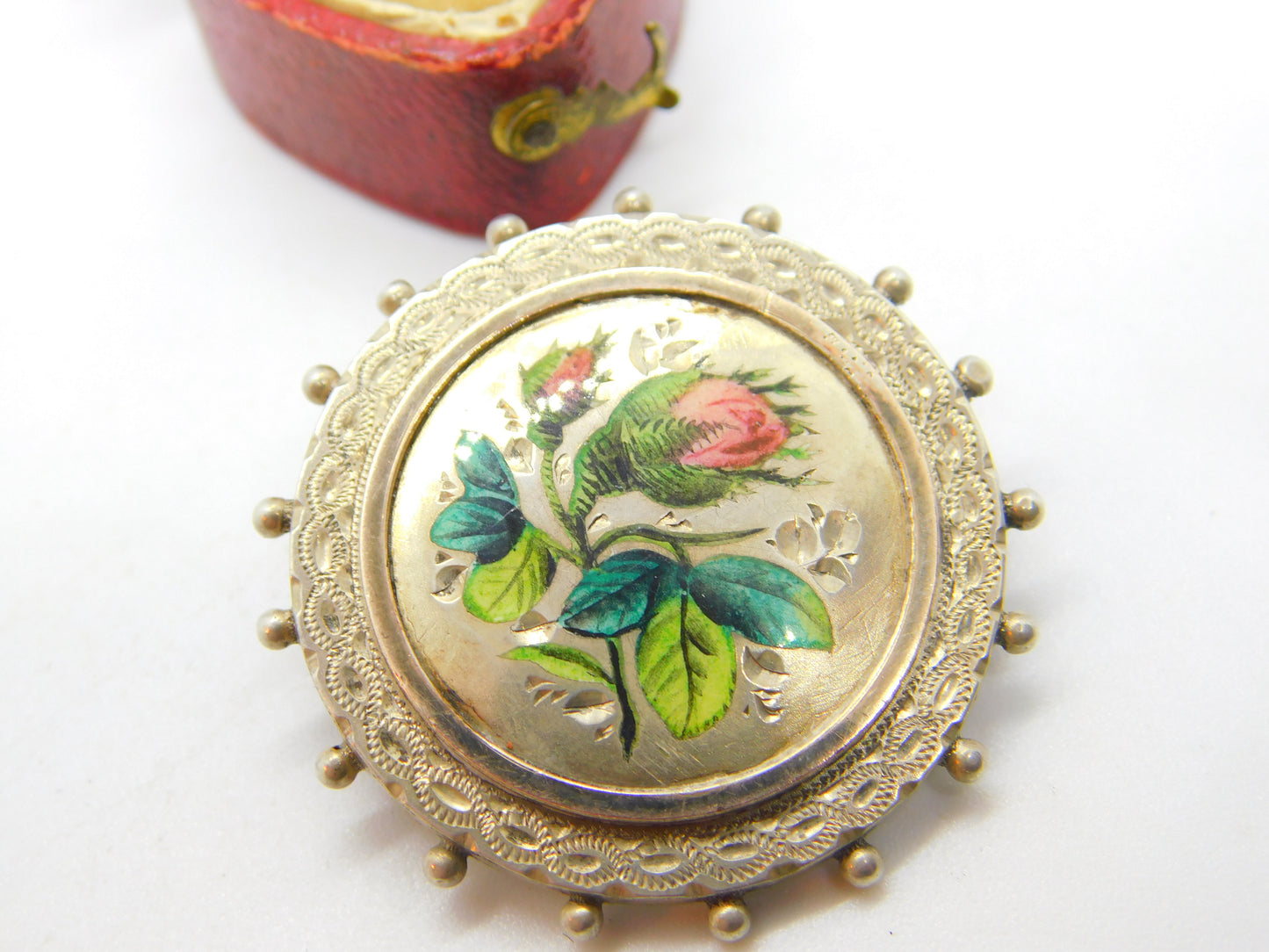 Enamel Pink Roses on English Sterling Silver Brooch Pin Antique Victorian 1886