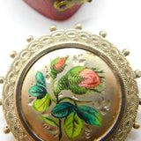 Enamel Pink Roses on English Sterling Silver Brooch Pin Antique Victorian 1886