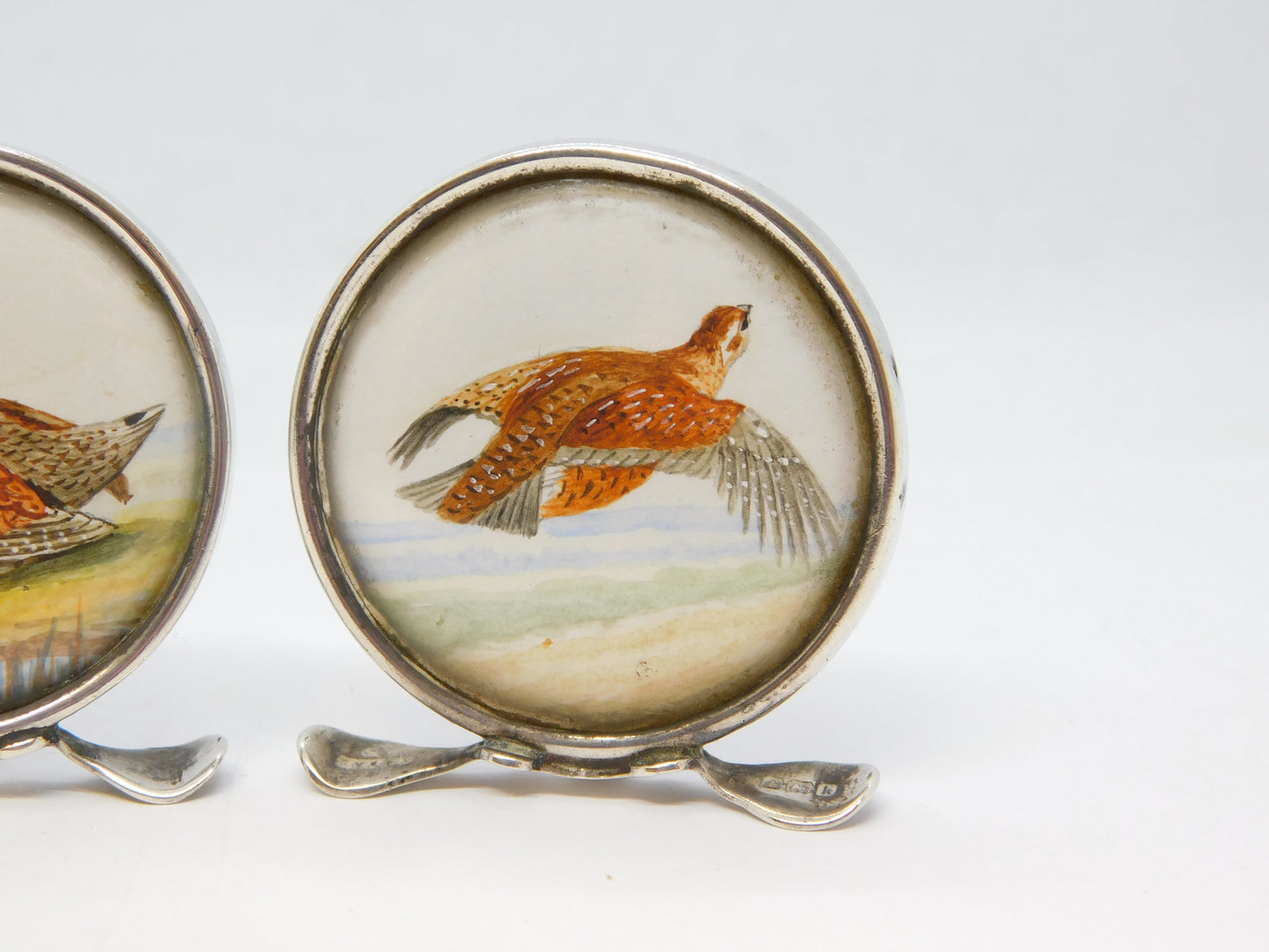 Edwardian Pair of Sterling Silver Grouse & Snipe Watercolour Place Settings Antique 1909 Chester