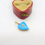 Victorian 9ct Yellow Gold Blue Guilloche Enamel Diamond Set Witches Heart c1860
