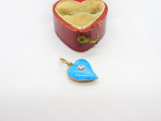 Victorian 9ct Yellow Gold Blue Guilloche Enamel Diamond Set Witches Heart c1860