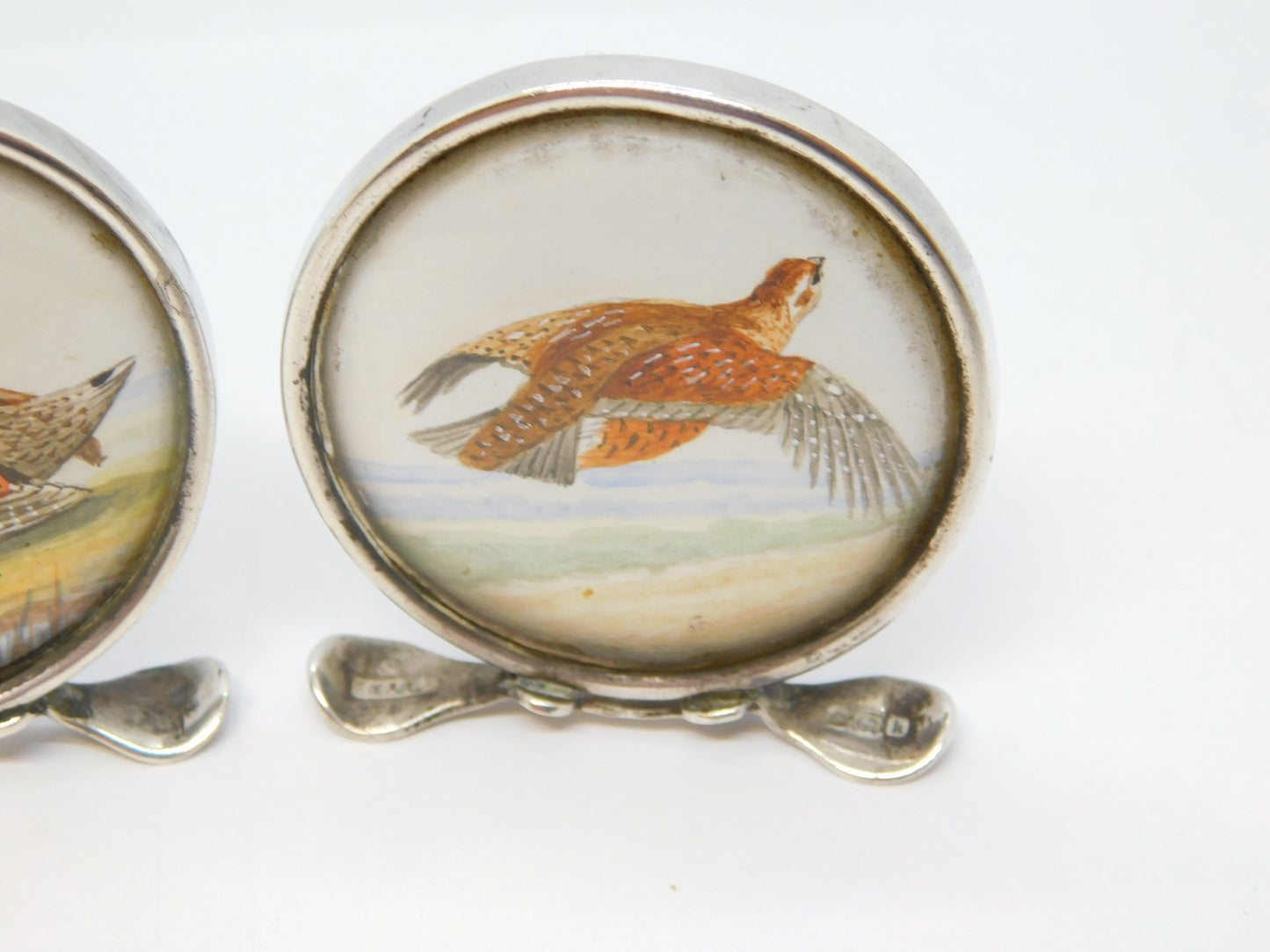 Edwardian Pair of Sterling Silver Grouse & Snipe Watercolour Place Settings Antique 1909 Chester