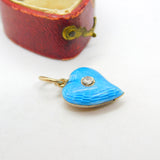 Victorian 9ct Yellow Gold Blue Guilloche Enamel Diamond Set Witches Heart c1860