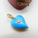 Victorian 9ct Yellow Gold Blue Guilloche Enamel Diamond Set Witches Heart c1860