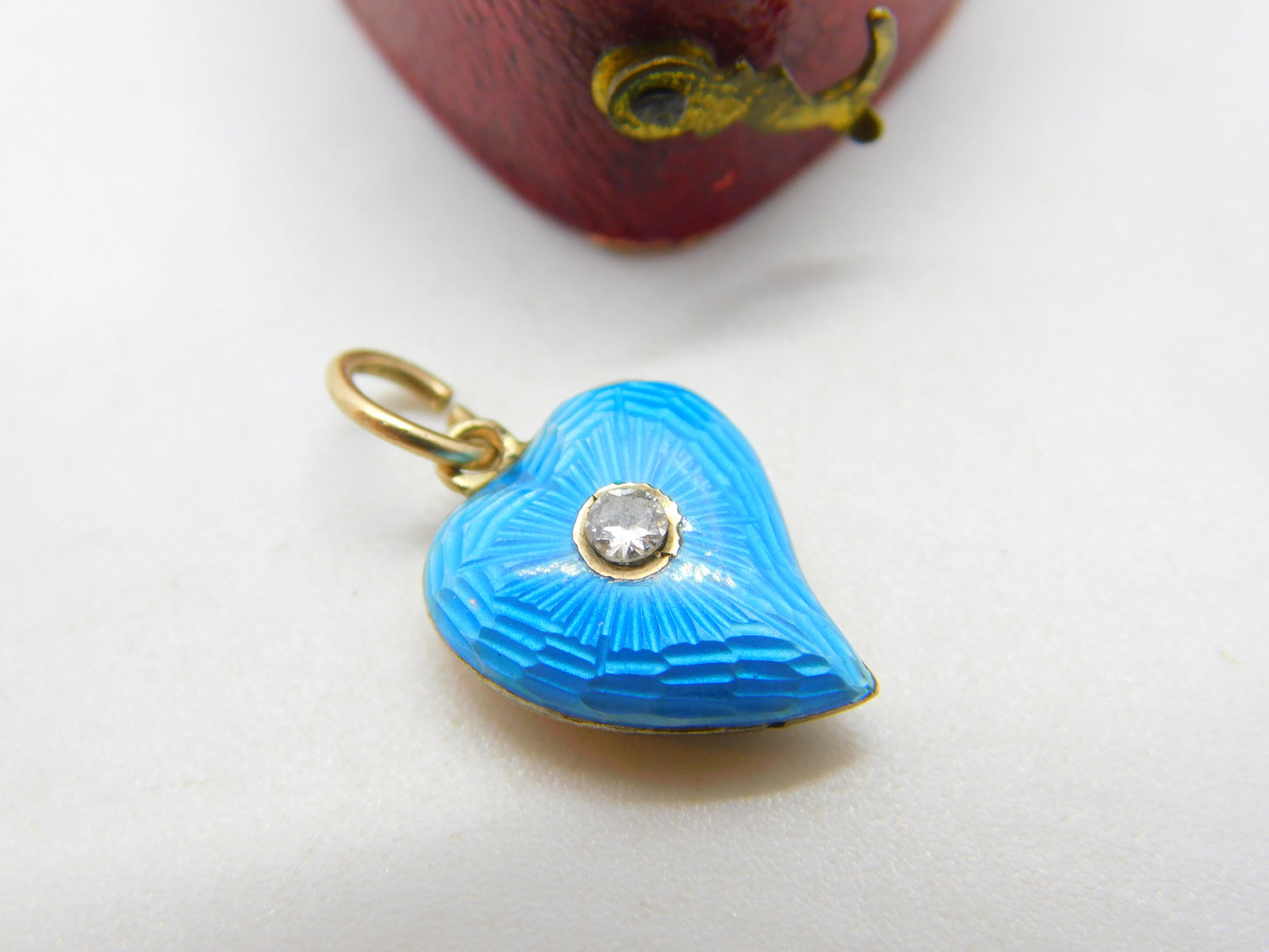 Victorian 9ct Yellow Gold Blue Guilloche Enamel Diamond Set Witches Heart c1860