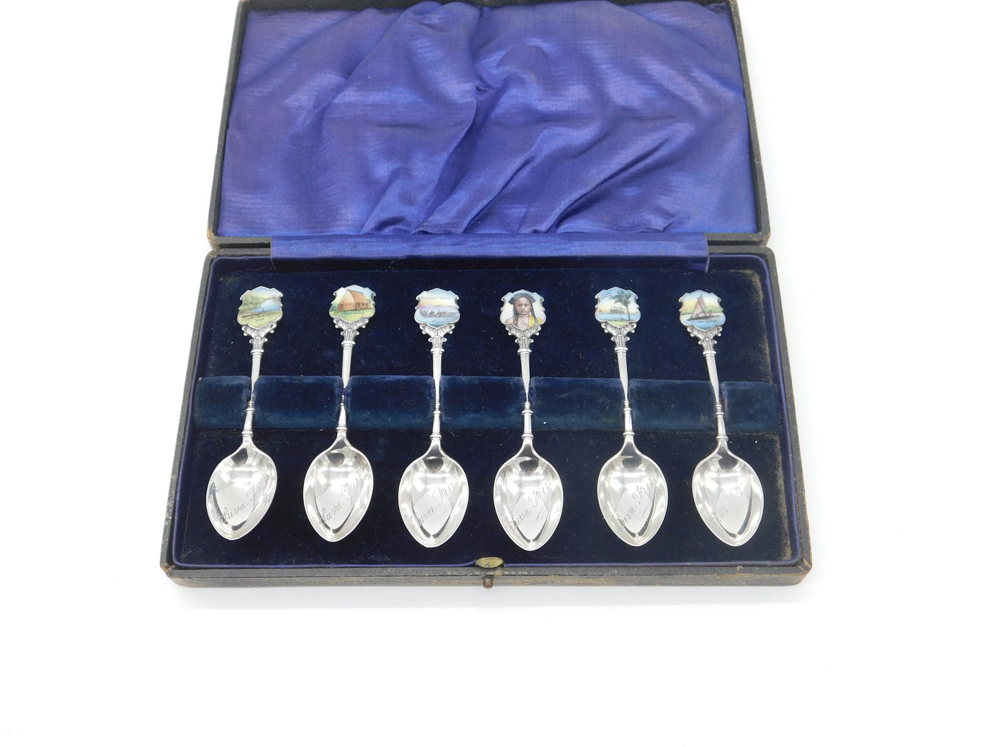 Edwardian Set of Sterling Silver Enamel Suva, Fiji Souvenir Spoons 1906 Antique Birmingham