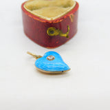 Victorian 9ct Yellow Gold Blue Guilloche Enamel Diamond Set Witches Heart c1860
