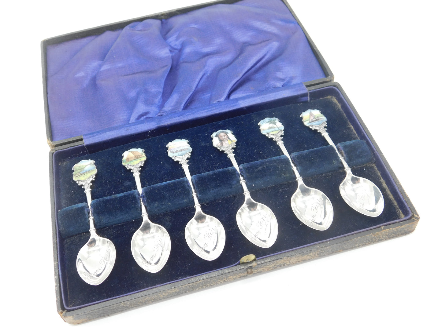 Edwardian Set of Sterling Silver Enamel Suva, Fiji Souvenir Spoons 1906 Antique Birmingham