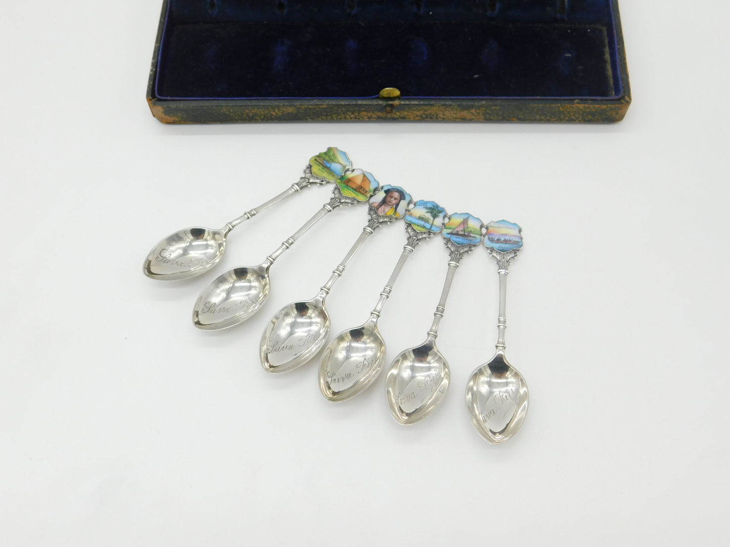 Edwardian Set of Sterling Silver Enamel Suva, Fiji Souvenir Spoons 1906 Antique Birmingham