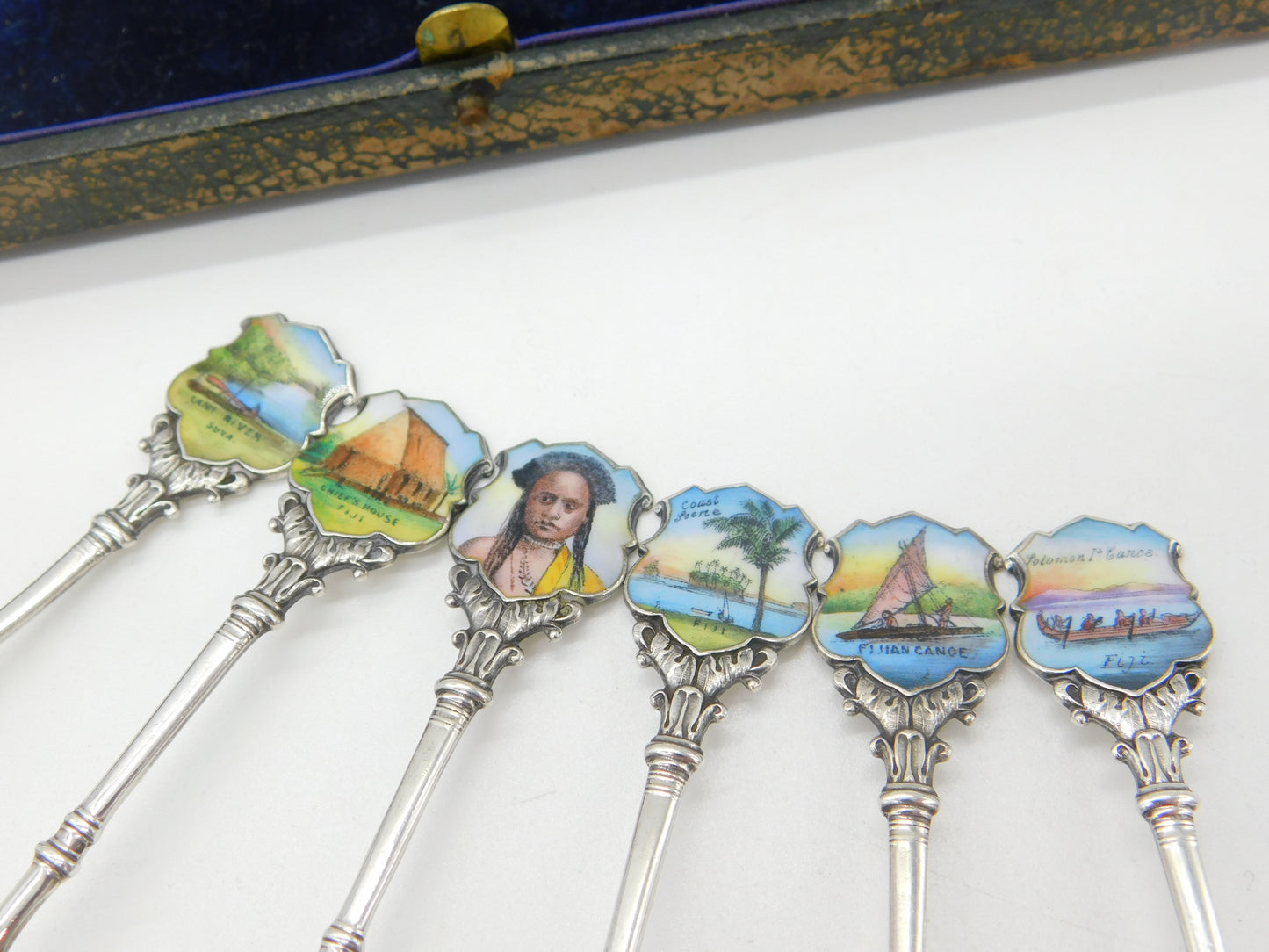 Edwardian Set of Sterling Silver Enamel Suva, Fiji Souvenir Spoons 1906 Antique Birmingham