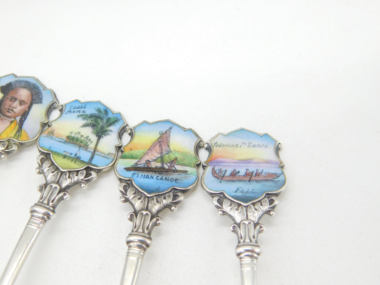 Edwardian Set of Sterling Silver Enamel Suva, Fiji Souvenir Spoons 1906 Antique Birmingham