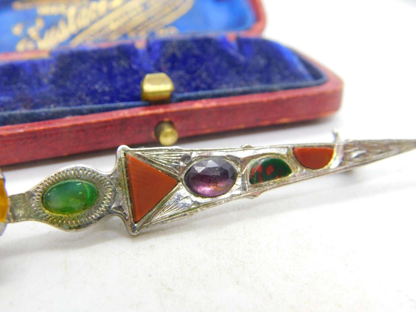 Scottish Sterling Silver Agate, Bloodstone etc Dirk Sword Brooch 1966 Edinburgh