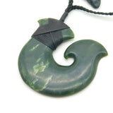 New Zealand Maori Carved Nephrite Jade 'Hei Matau' Fish Hook Pendant Necklace