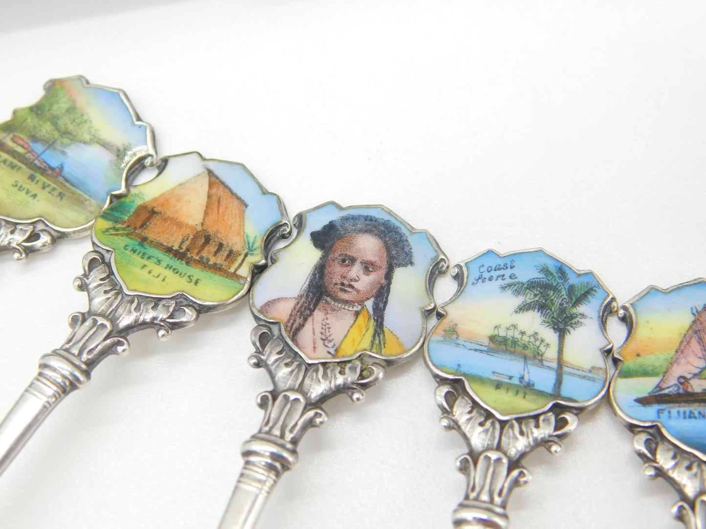 Edwardian Set of Sterling Silver Enamel Suva, Fiji Souvenir Spoons 1906 Antique Birmingham