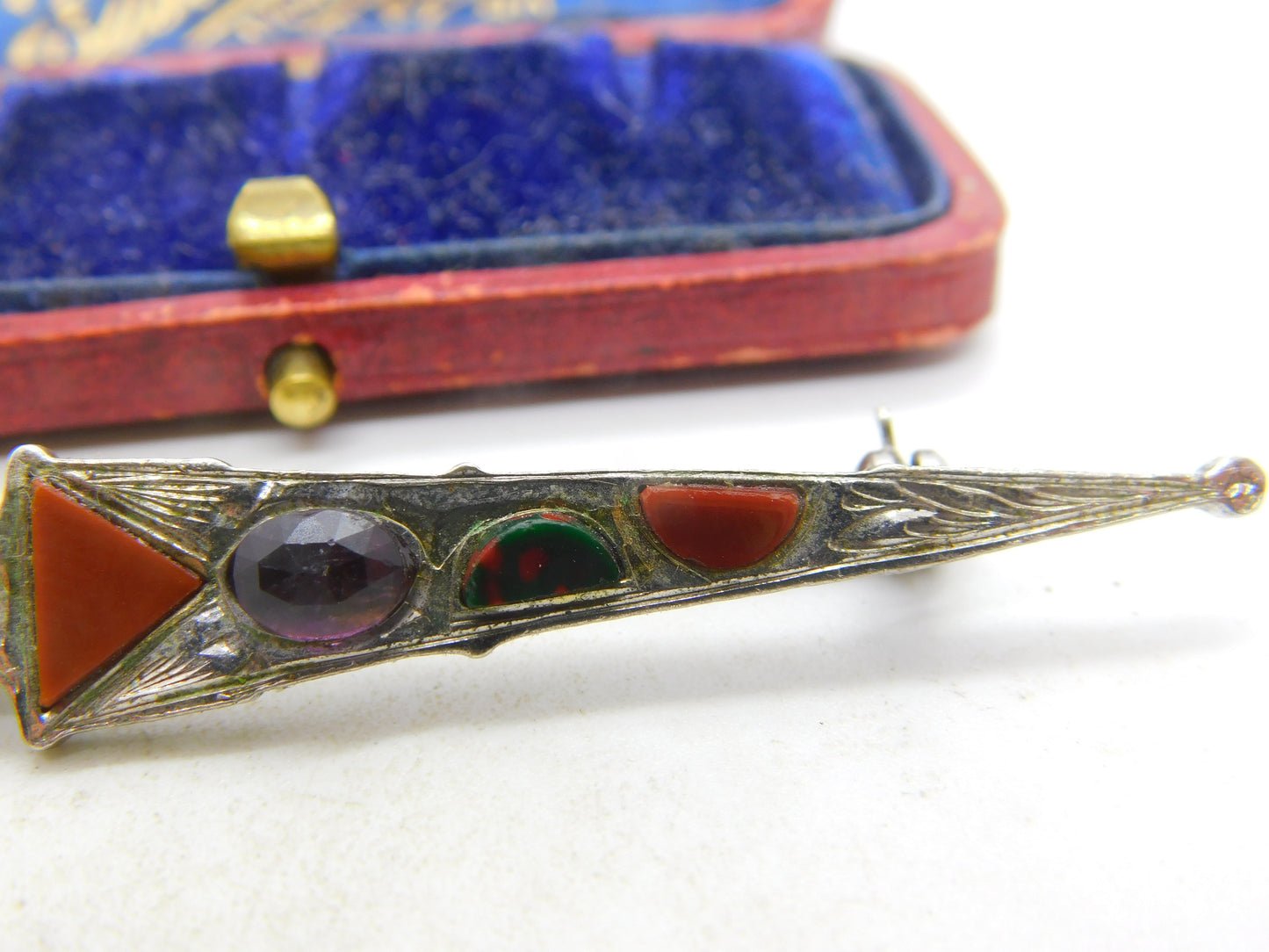 Scottish Sterling Silver Agate, Bloodstone etc Dirk Sword Brooch 1966 Edinburgh