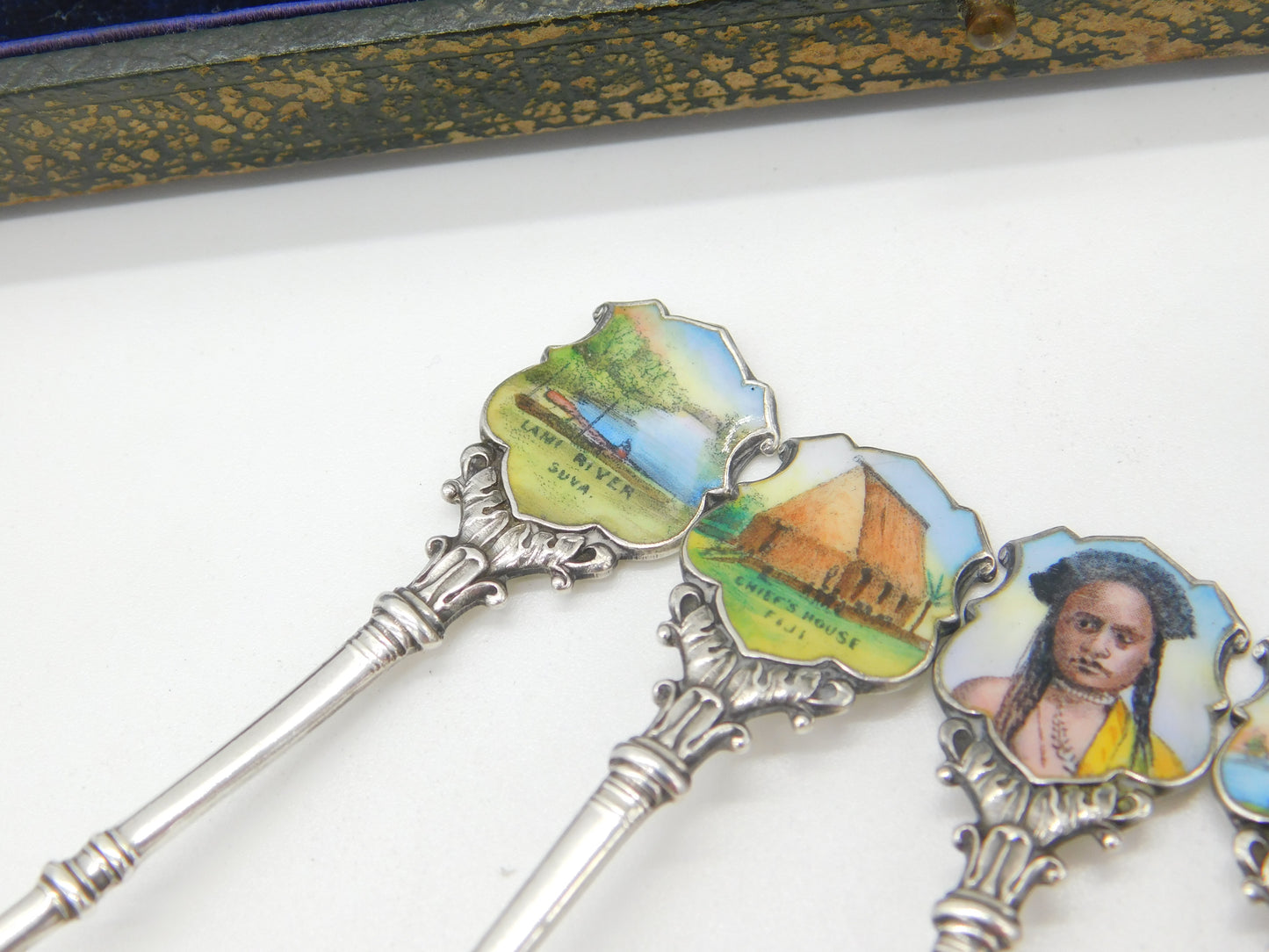 Edwardian Set of Sterling Silver Enamel Suva, Fiji Souvenir Spoons 1906 Antique Birmingham