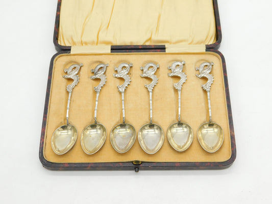 Boxed Set of Chinese Sterling Silver Dragon Form Teaspoons Antique c1910