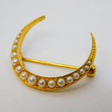 Edwardian 9ct Yellow Gold & Seed Pearl Crescent Moon Brooch Antique 1904 London