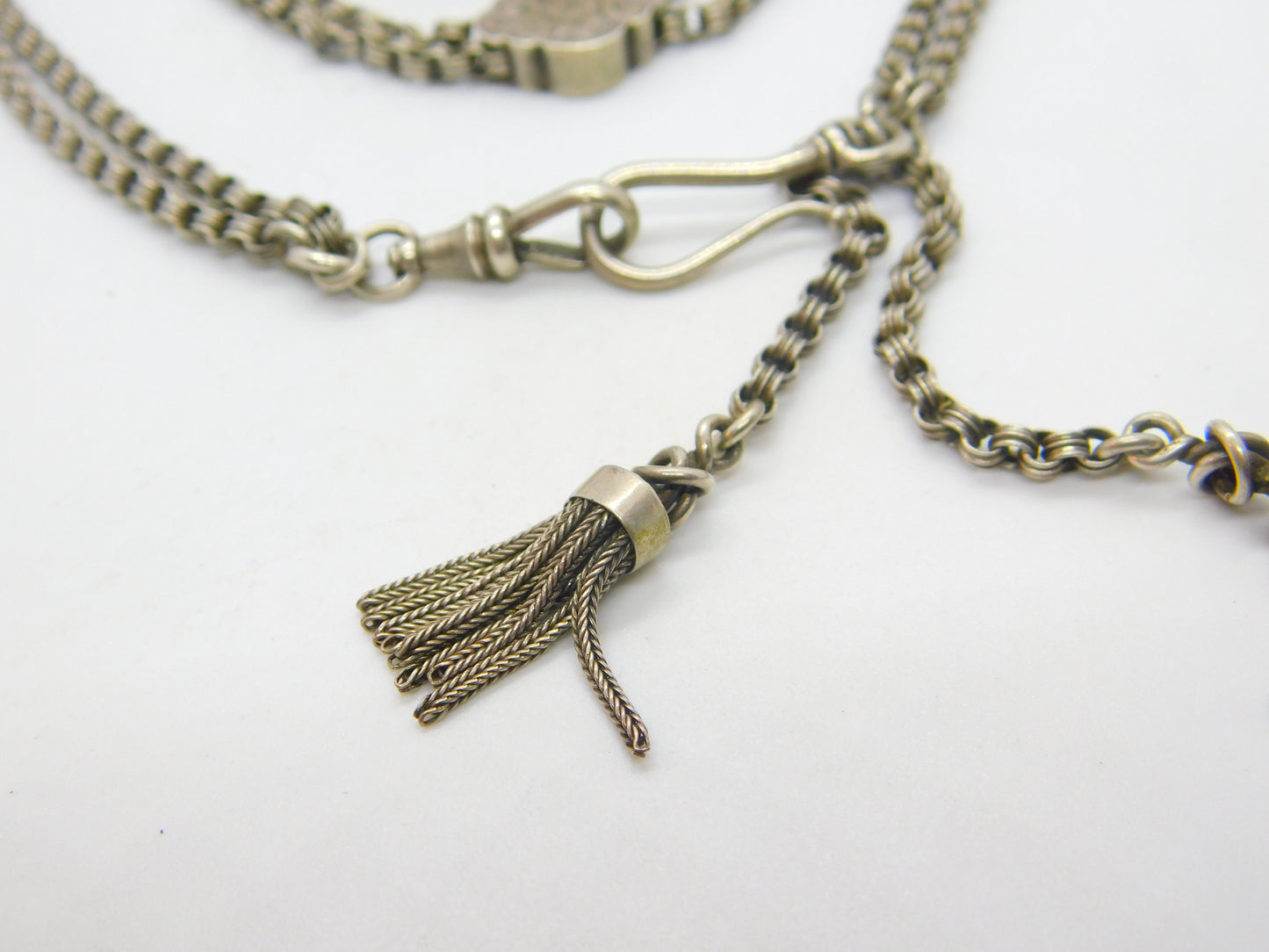 Sterling Silver Albertina Fob Watch Chain Twin Tassels Antique Victorian c1880