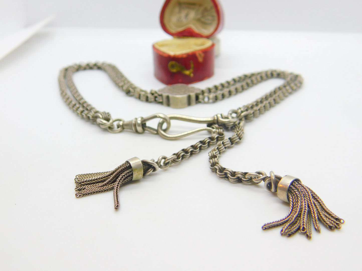 Sterling Silver Albertina Fob Watch Chain Twin Tassels Antique Victorian c1880