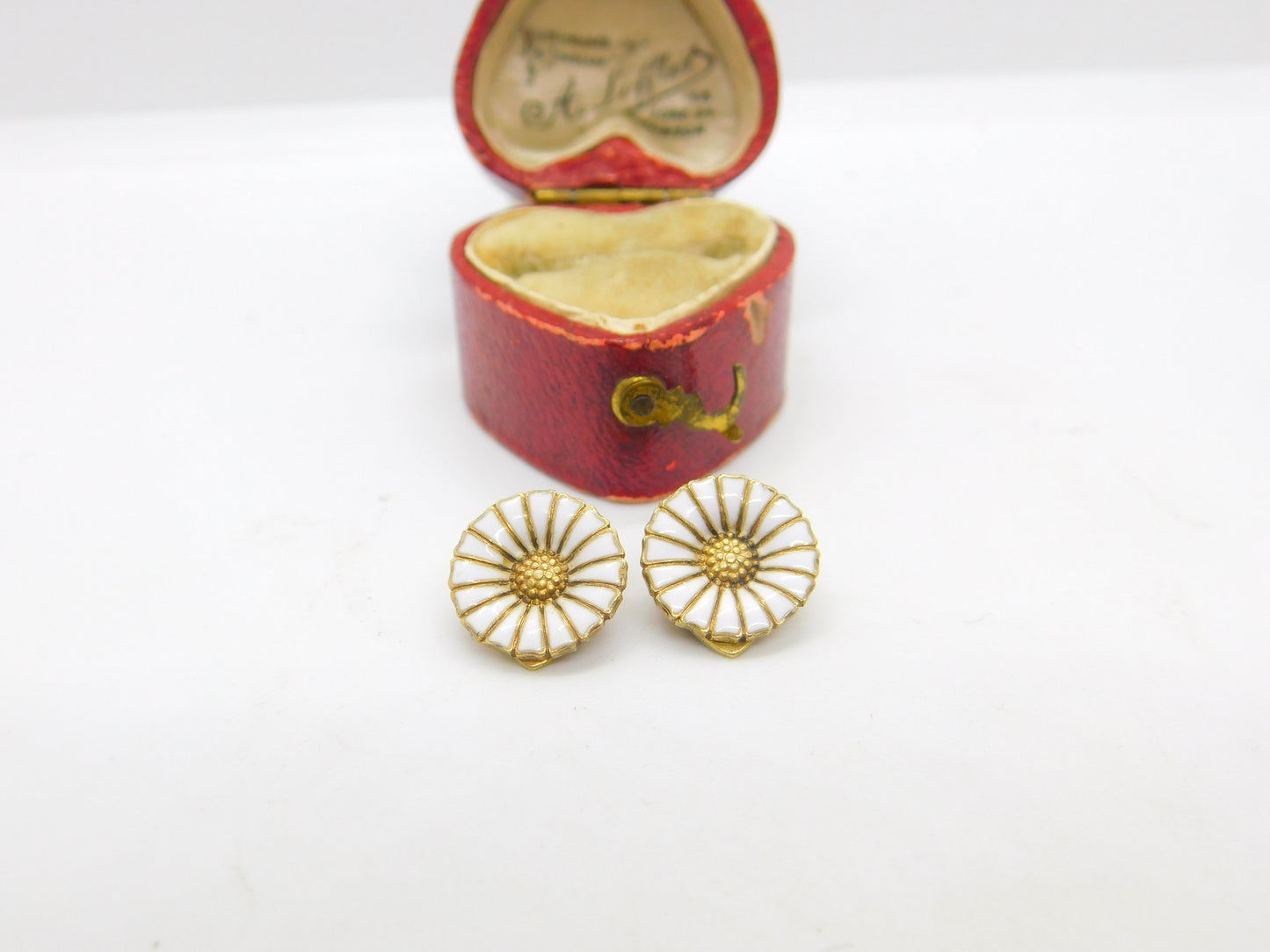 Danish Sterling Silver Gilt & Enamel Daisy Flower Clip-On Earrings c1950