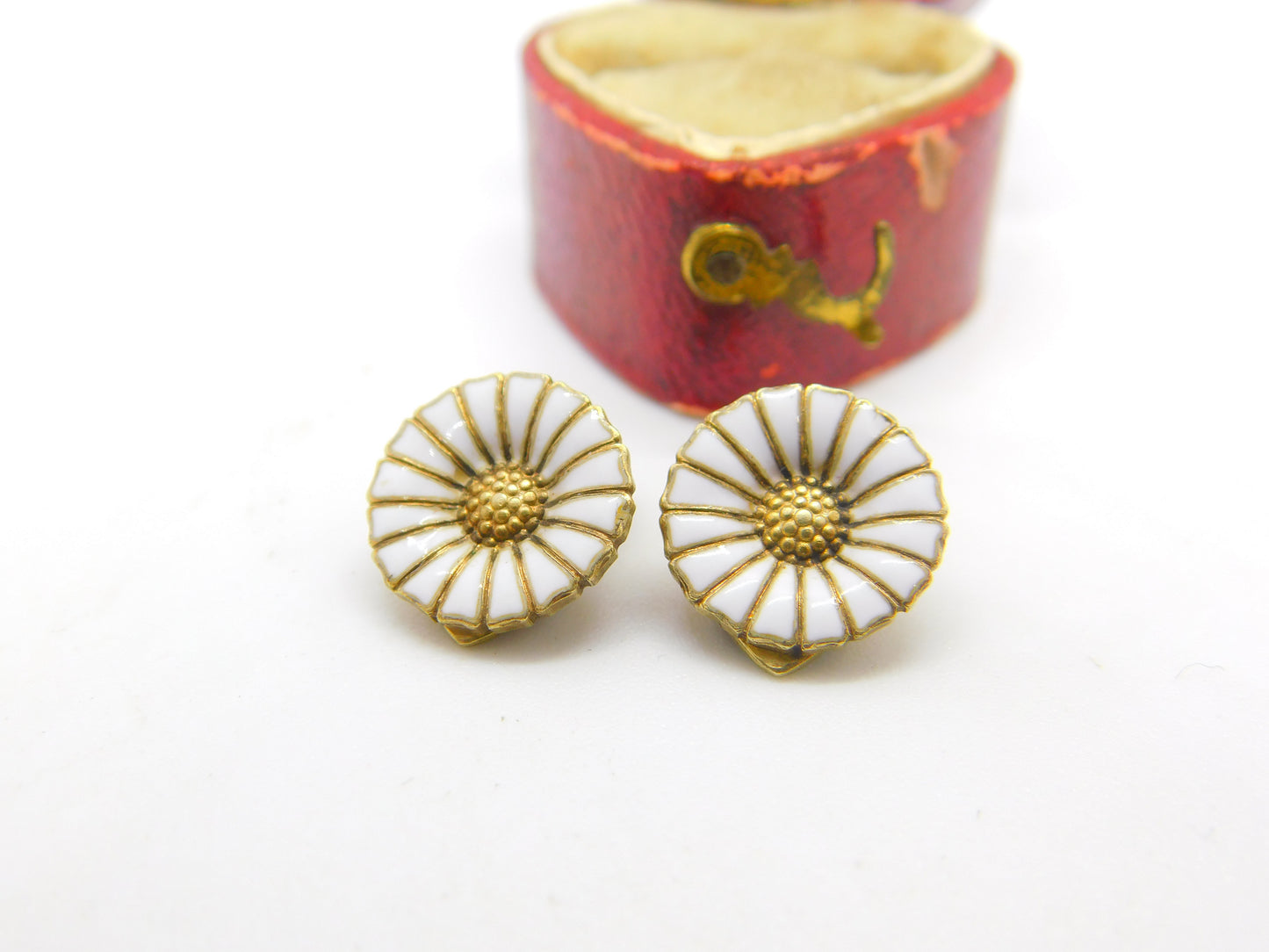 Danish Sterling Silver Gilt & Enamel Daisy Flower Clip-On Earrings c1950