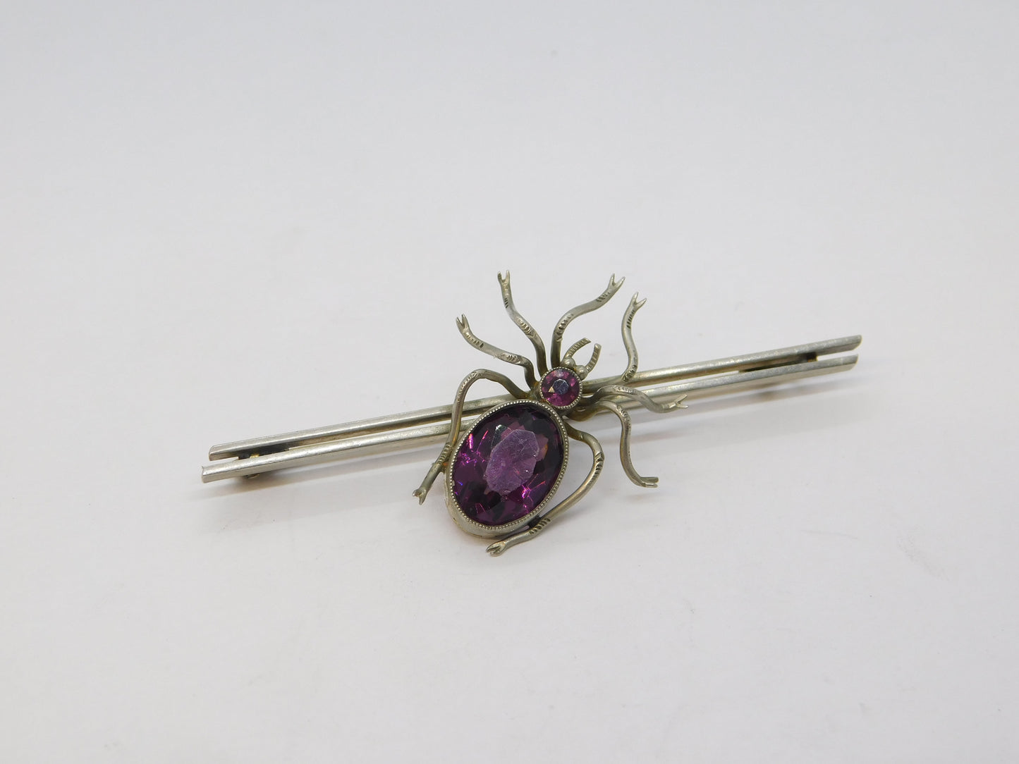 Edwardian Silver Plated Purple Paste Set Spider Insect Brooch Antique c1910