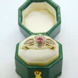9ct Yellow Gold, Ruby & Diamond Floral Dress Ring Vintage c1990 London