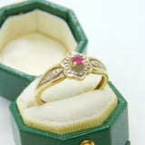 9ct Yellow Gold, Ruby & Diamond Floral Dress Ring Vintage c1990 London