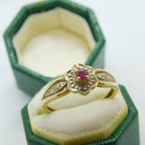 9ct Yellow Gold, Ruby & Diamond Floral Dress Ring Vintage c1990 London