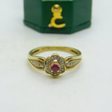 9ct Yellow Gold, Ruby & Diamond Floral Dress Ring Vintage c1990 London