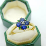 9ct Yellow Gold, Sapphire, Emerald & Diamond Floral Cluster Ring Vintage c1990