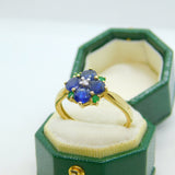 9ct Yellow Gold, Sapphire, Emerald & Diamond Floral Cluster Ring Vintage c1990