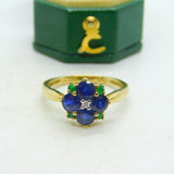 9ct Yellow Gold, Sapphire, Emerald & Diamond Floral Cluster Ring Vintage c1990