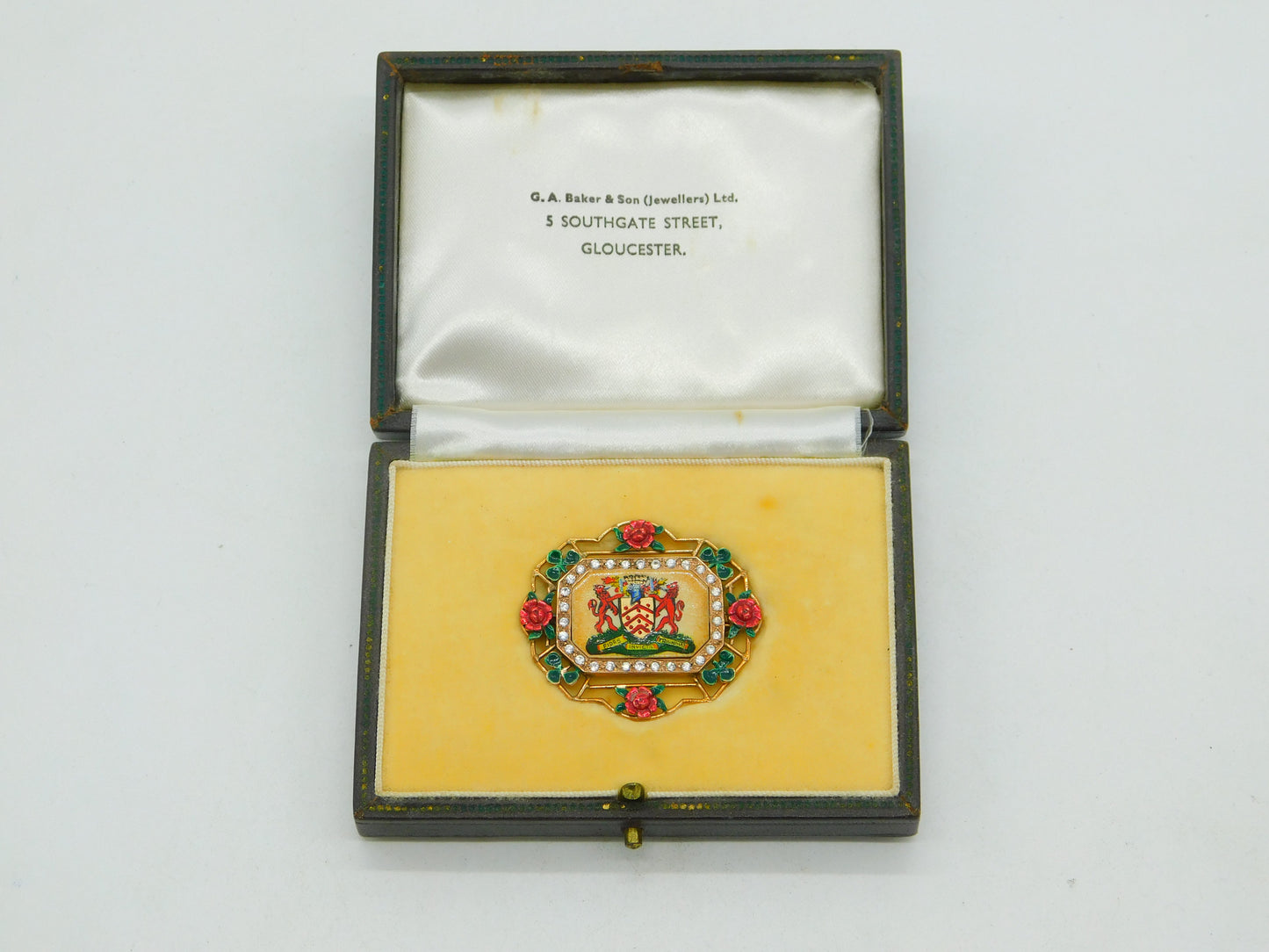 Edwardian Boxed 9ct Gold Enamel & Sapphire Mayoress of Gloucester Brooch Antique