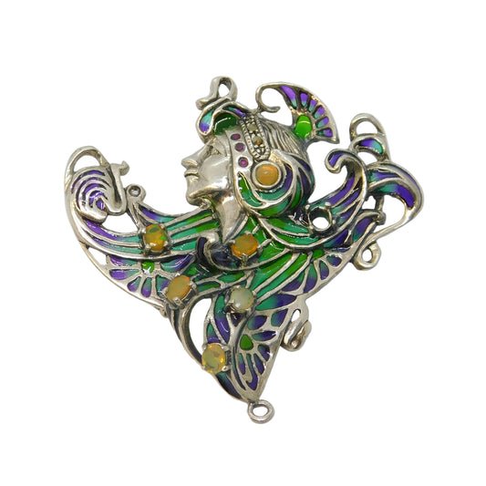 Sterling Silver, Plique-à-jour Enamel, Opal Art Nouveau Style Brooch Vintage
