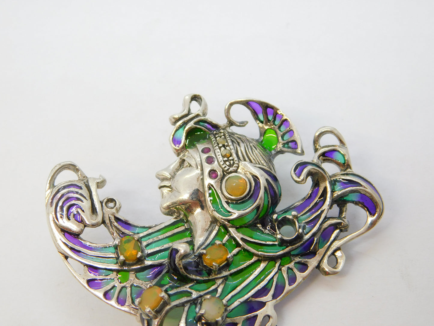 Sterling Silver, Plique-à-jour Enamel, Opal Art Nouveau Style Brooch Vintage