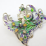 Sterling Silver, Plique-à-jour Enamel, Opal Art Nouveau Style Brooch Vintage